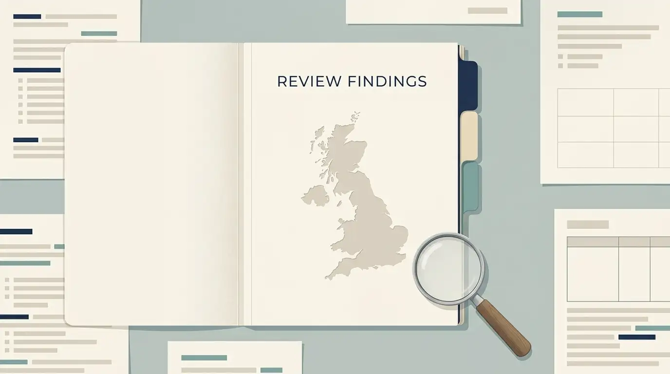 Editorial illustration of a review dossier and a subtle United Kingdom map outline